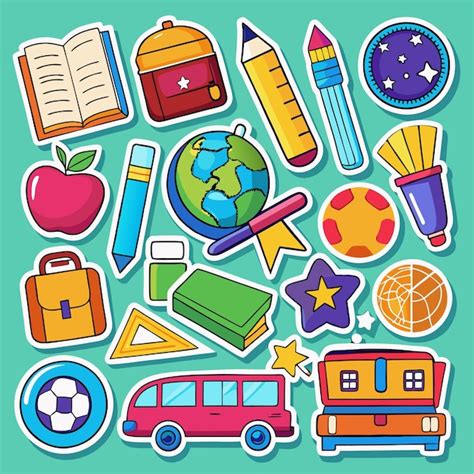 colorful cartoon school supplies  transportation stickers