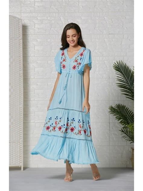 2022 Flower Embroidery Ruffled Sleeve Maxi Dress Tableclothsfactory Is The Premier Source For