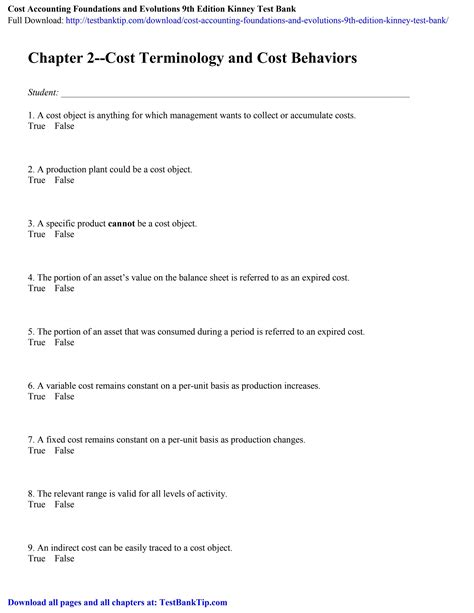 Cost Accounting Foundations And Evolutions Th Edition Kinney Test Bank