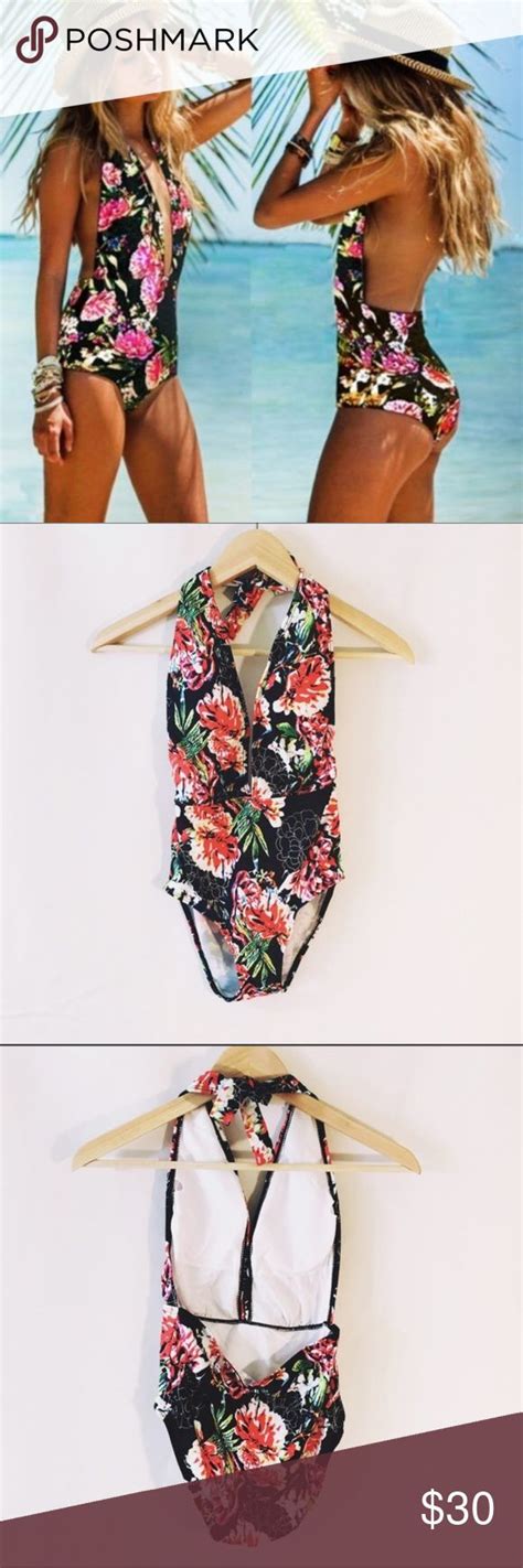 New Black Floral One Piece Halter Swimsuit Plus Size Swimsuit Tops