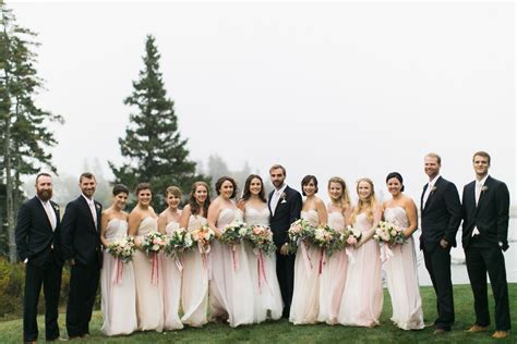 Pale Pink Bridesmaid Dresses with Navy Groomsmen Suits