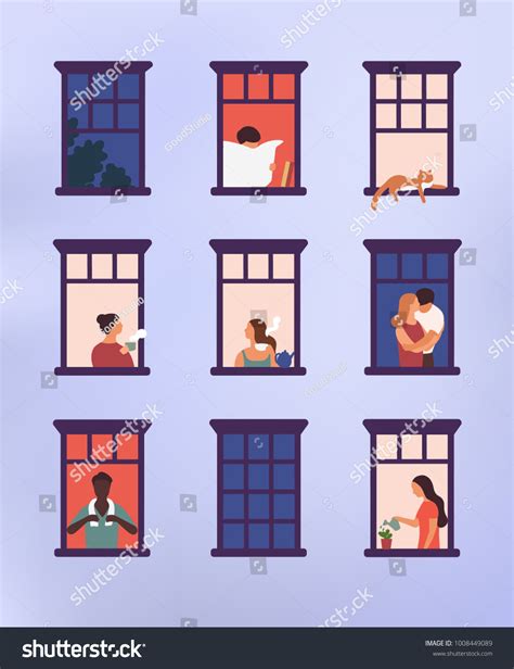 Windows Neighbors Doing Daily Things Their Stock Vector (Royalty Free