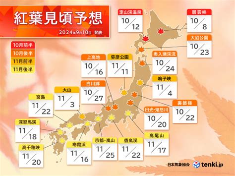 2024年 第1回「紅葉見頃予想」 全国的に平年並みか遅い 日本気象協会発表気象予報士 中川 裕美子 2024年09月10日 日本気象