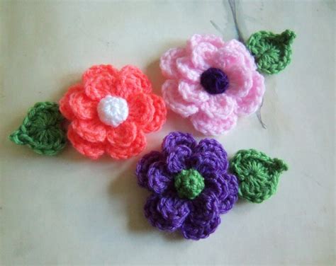 Set Of Three Assorted Crochet Flowers And Leafs Crochet Etsy