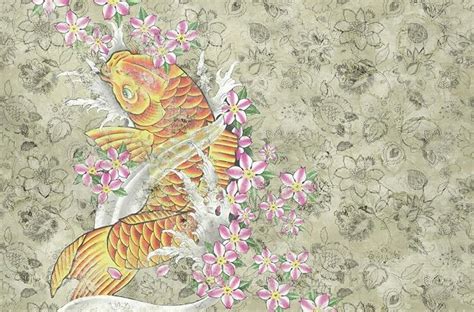 A Painting Of A Koi Fish And Flowers On A Beige Wallpapered Background