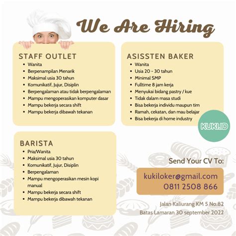 Lowongan Kerja Staff Outlet Asissten Baker Barista Di Kuki Bakery