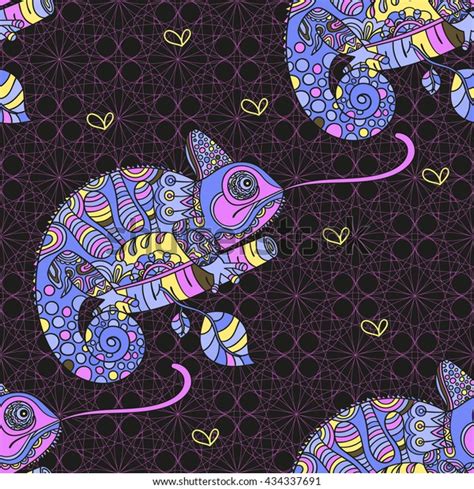 Seamless Pattern Hand Drawn Chameleon Ethnic Stock Vector Royalty Free