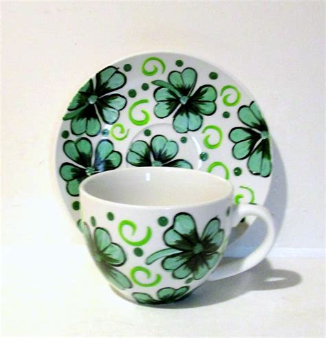 Four Leaf Clover Shamrocks Tea Cup Hand Painted 1 8 Oz Etsy