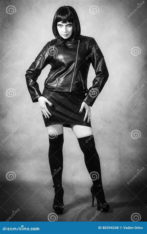 Brunette In A Leather Jacket And Gaiters Stock Photo Image Of