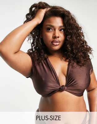 South Beach Curve Exclusive Knot Front Bikini Top In Brown ASOS