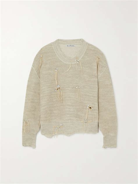 ACNE STUDIOS Crystal Embellished Distressed Wool Blend Sweater NET A