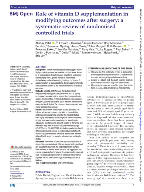 Pdf Role Of Vitamin D Supplementation In Modifying Outcomes After