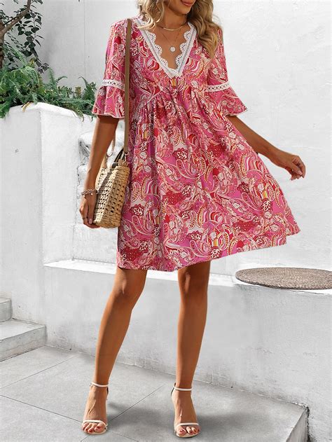 SHEIN VCAY Paisley Print Guipure Lace Insert Flounce Sleeve Dress