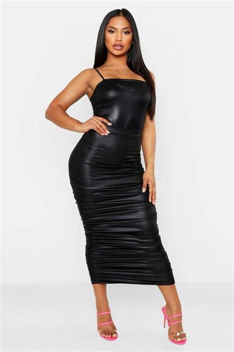 Boohoo Leather Look Pu Ruched Midi Skirt Ruched Midi Skirt Leather