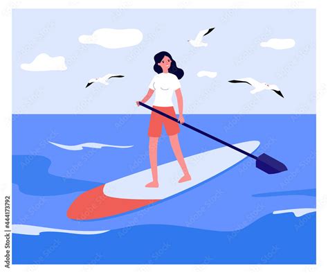 Girl Standing On Board With Paddle Flat Vector Illustration Young