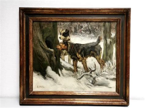 ANCIEN TABLEAU Huile sur toile signée Ernest NOIR Chien en Chasse