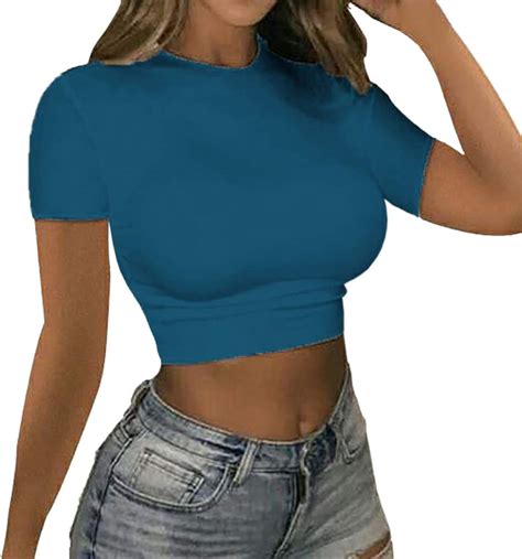 Sexox Damen T Shirt Crop Top Kurzarm Bauchfrei Einfarbig Enge Tunika