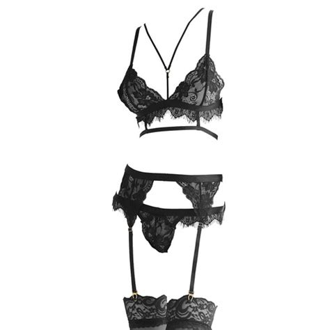 Promo B Bikini Bra Set Bralette String Lace Hitam Garter Stocking