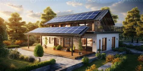 Realistic design of a modern house with solar panels the roof. Green ...