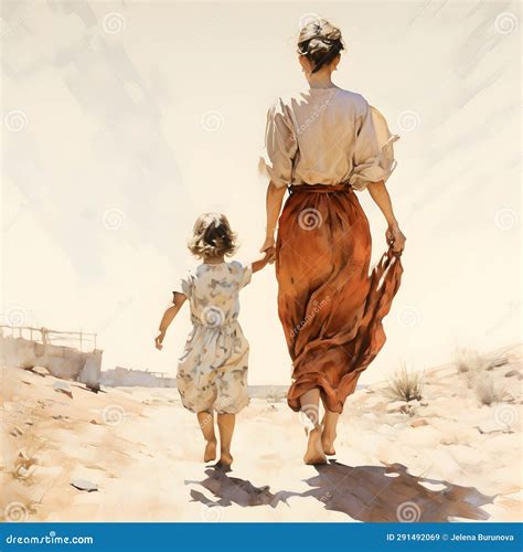 Mother and Child Walk Hand in Hand Stock Illustration - Illustration of