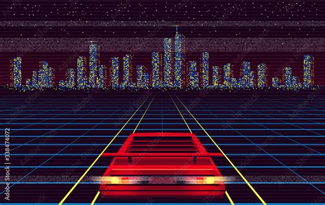 Red Car Racing To The Night City Over Laser Grid Retro Futuristic