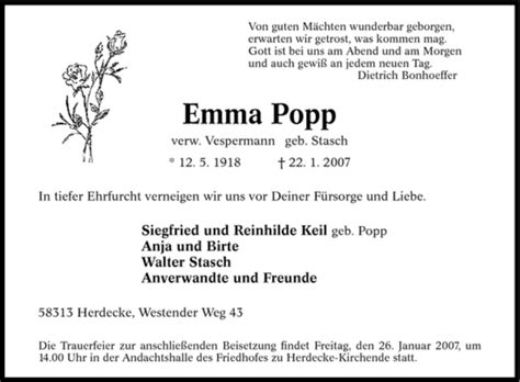 Traueranzeigen Von Emma Popp Trauer In Nrw De