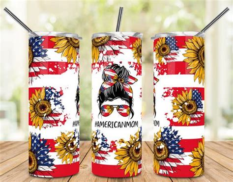 Sunflower American Mom Life Bun Hair 20oz Skinny Tumbler Sublimation