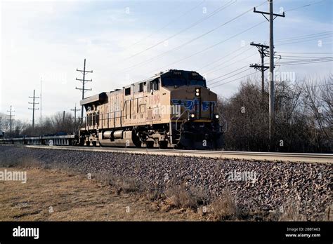 Geneva Illinois Usa A Single Locomotive Leading A String Of Empty