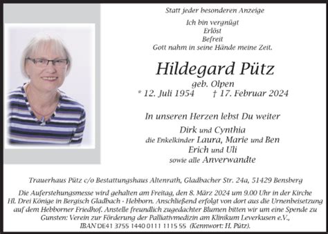 Traueranzeigen von Hildegard Pütz WirTrauern