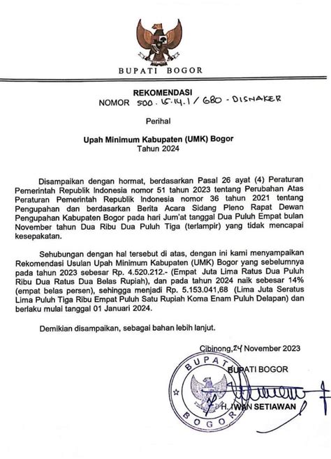 Pemda Kabupaten Bogor Rekomendasikan Kenaikan Umk Tahun Sebesar