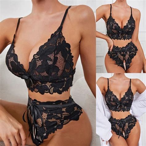 Donna Pizzo Reggiseno Set Push Up Intimo Lingerie Sexy Tanga Vedere Attraverso Eur