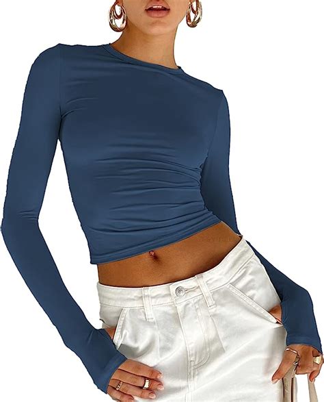 Sfit Damen Langarmshirt Y2K Crop Tops Slim Fit Eng Basic Oberteile Sexy