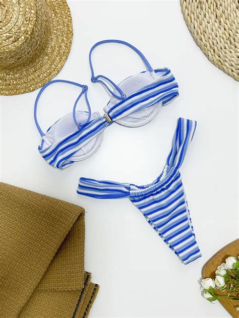 New Terry Striped Underwire Cup Thong Bottom Bikini Womens Two Pieces Sexy Swimsuits Lead