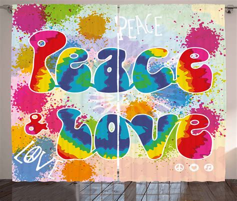 70s Party Decorations Curtains 2 Panels Set Peace And Love Tie Dye