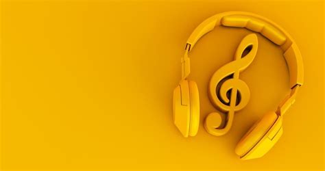 Render 3d de nota musical amarilla con auriculares en el medio música