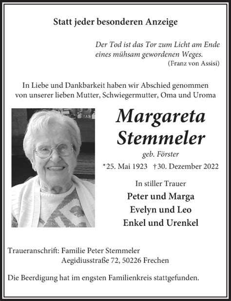 Traueranzeigen Von Margareta Stemmeler Wirtrauern