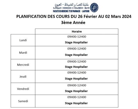 Planning Hebdomadaire Des Cours Semaine Du F Vrier Au Mars