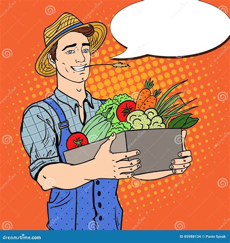 Pop Art Happy Farmer Holding Basket With Fresh Vegetables Stock Vector