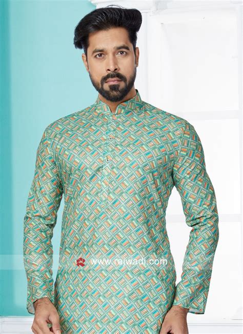 Light Sea Green Digital Printed Cotton Silk Kurta Pajama