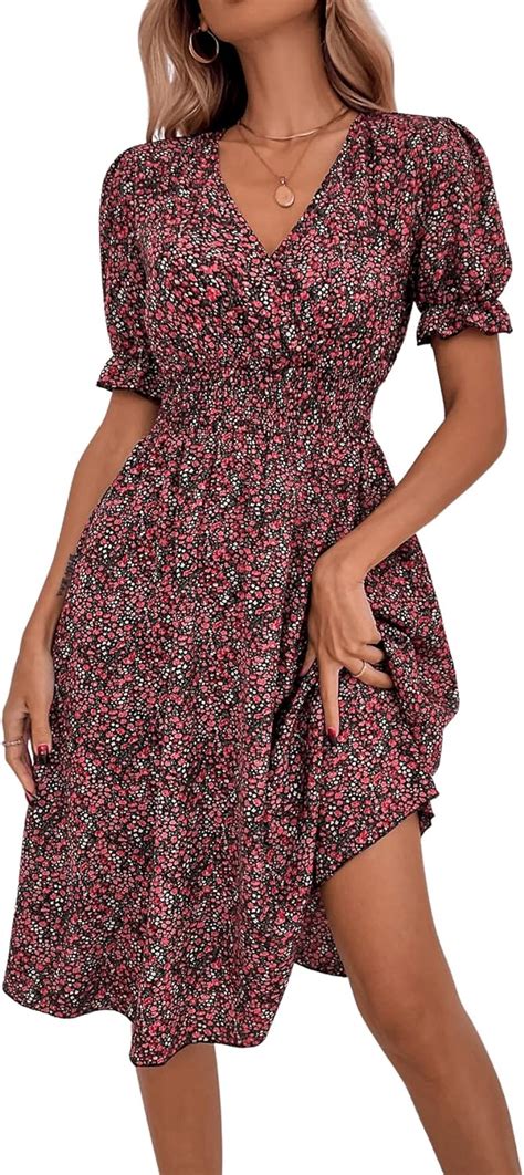 SheIn Damn Blümchen Kleid Hohe Taille Midikleid Sommer Freizeitkleid