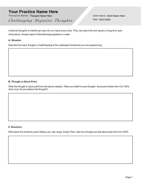 Challenging Negative Thoughts Worksheet Editable Fillable Printable