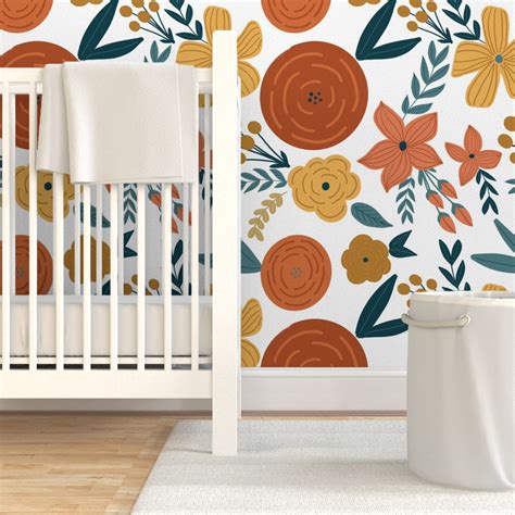 Floral Wallpaper Terra Cotta Rust Florals Large by | Etsy