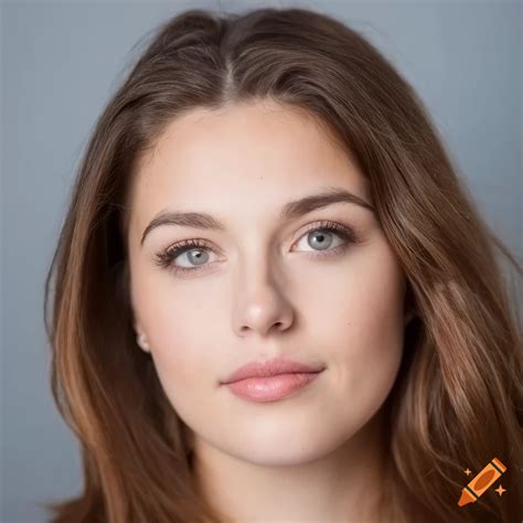 Close Up Portrait Of A Serious Woman With Brown Hair And Blue Eyes