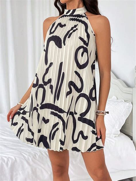 Shein Clasi Random Print Pleated Halterneck Dress Shein Usa