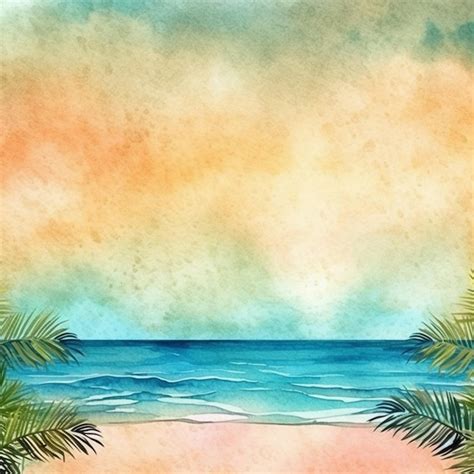 Pintura Em Aquarela De Uma Praia Palmeiras Em Um Fundo Por Do Sol