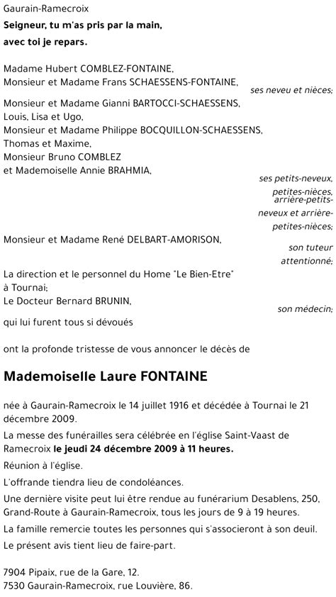 Avis De Décès De Laure Fontaine Décédé Le 21 12 2009 à Tournai