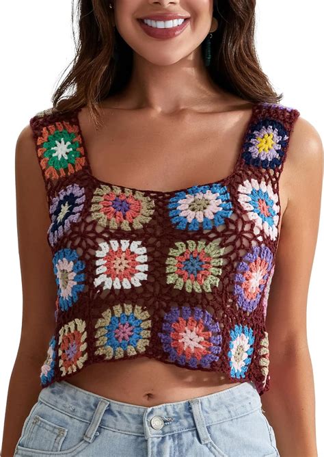 Gplno Women's Summer Crochet Tank Top Embroidery Knit Vest Tops Boho ...
