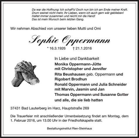 Traueranzeigen Von Sophie Oppermann Harztrauer De