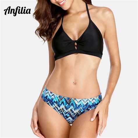 Anfilia Women Low Waist Bikini Set Swimwear Wave Printed Front Bow Knot