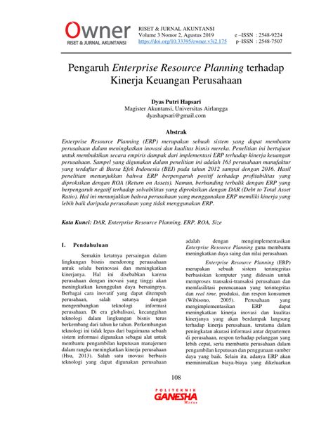 PDF Pengaruh Enterprise Resource Planning Terhadap Kinerja Keuangan